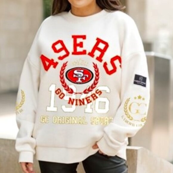 SAN FRANCISCO 49ERS GAMEDAY SLAY BLACK LABEL FLEECE DROP SHOULDER CREWNECK - NWT - Picture 1 of 3